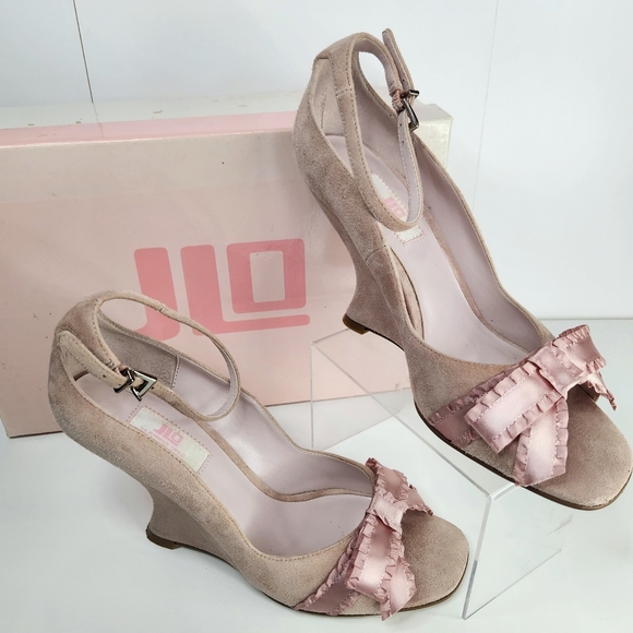 JLo Dusty Pink Suede Wedge Heels Bow Ankle Strap - Picture 7 of 7
